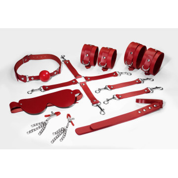 Набір Feral Feelings BDSM Kit 7 Red, наручники, поножі, конектор, маска, падл, кляп, затискачі – купити