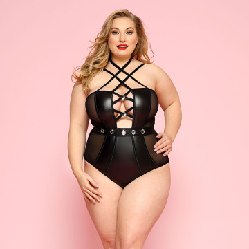 Сексуальне боді JSY «Пристрасна Лорейн» Plus Size Black, люверси, стрепи, екошкіра, шнурівка – купити