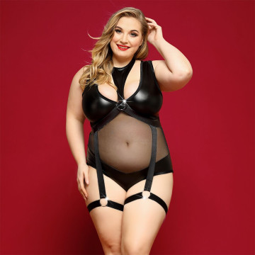 Элегантное боди из экокожи JSY «Соблазнительная Морган» Plus Size, Black, сетка, портупея с гартерам – купить
