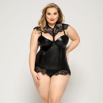Латексний комплект білизни JSY «Пристрасна Ірис» Plus Size, Black, корсет, стрінги, мереживо – купити