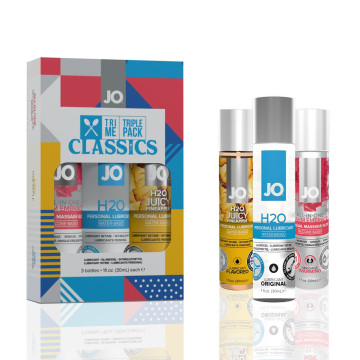 Набір JO Tri-Me Triple Pack — Classics (3x30 мл) водна, силіконова та смакова змазка – купити